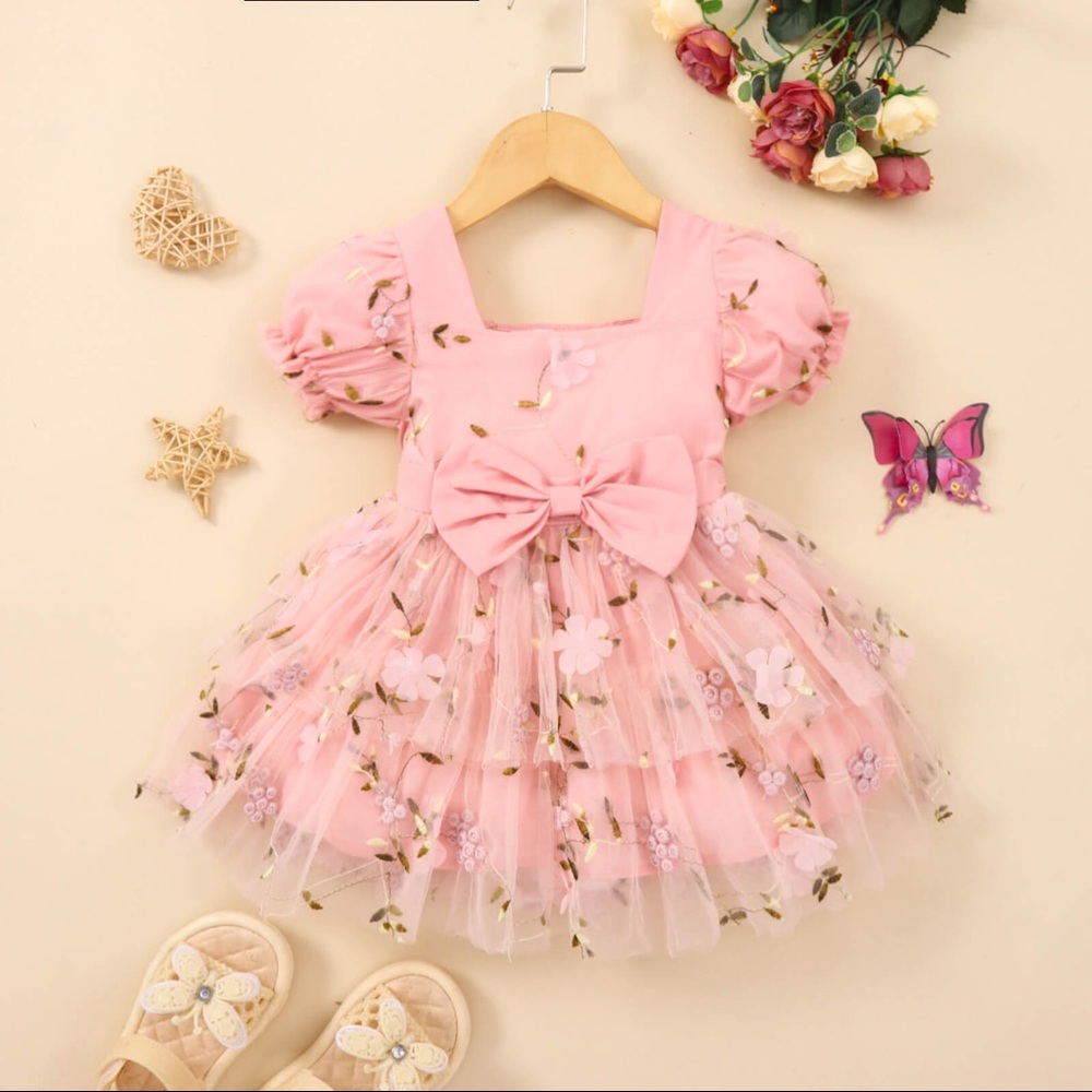 Girls Applique Embroidered Square Neck Bow Detail Dress